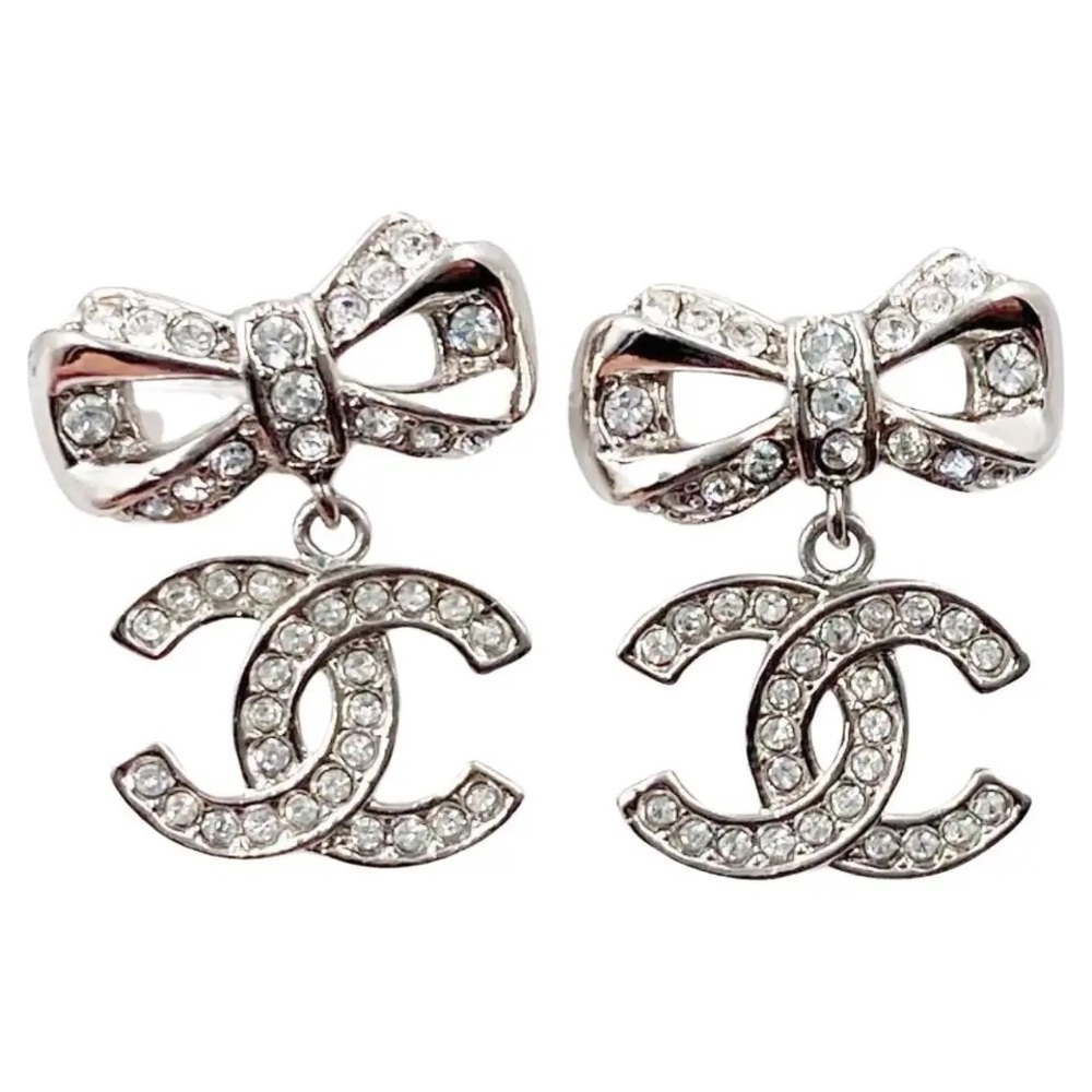 Chanel Silver Crystal Bow Drop Earrings